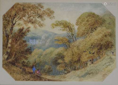 B.D.A. (19th Century English School) - Watercolour - Landscape with two figures looking towards a