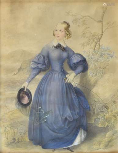 19th Century Continental School - Watercolour - Full length portrait of a lady in blue dress with