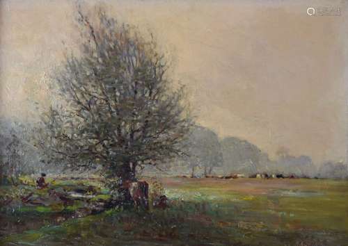 F.B. (20th Century English School) - Oil on canvas - Figure with cattle beside a tree, monogrammed