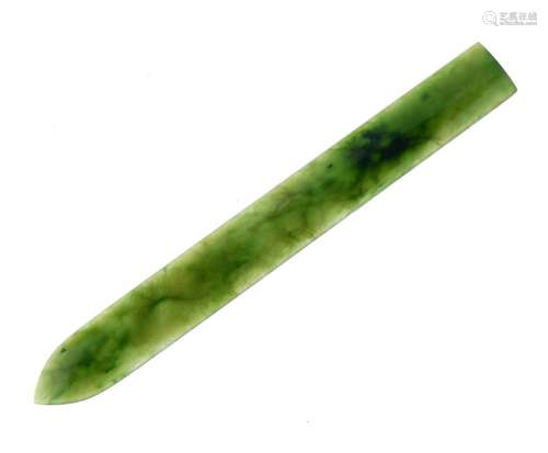 Nephrite jade blade paperknife, 11.7cm long x 1.4cm wide, 10g gross, in a fitted J.C. Vickery case