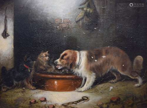 Edward Armfield (1817-1896) - 19th Century oil on canvas - Stable interior with spaniel and two