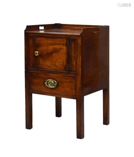 George III mahogany tray-top night cupboard, with three quarter gallery and pierced carry handles