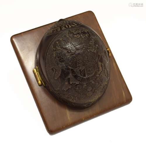 Unusual 19th Century carved coconut shell trinket box, the hinged shell carved 'A. de G. de