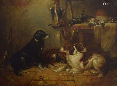 George Armfield (1808-1893) - Oil on canvas - Resting After The Shoot, 43cm x 59cm, in a gilt oak