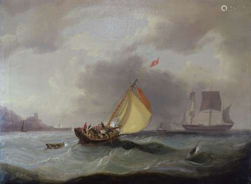 19th Century English School - Oil on canvas - Vessel in stormy seas off a coastal headland,