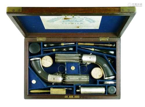 Fine pair of mid 19th Century cased percussion six-shot J.R. Cooper patent under-hammer small bore