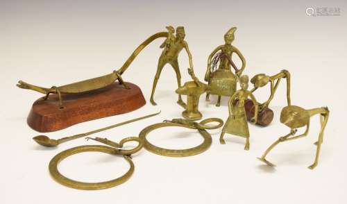 Ethnographica - Group of African brass figures, to include a figure seated upon a three-legged stool