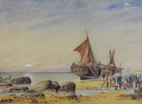 J.P.S. (19th Century English School) - Watercolour - Fishing folk landing the catch, monogrammed and