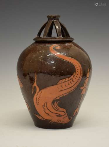 Charles Brannam, Barnstable - Rare mid Victorian dated slipware pottery jar and cover, the domed