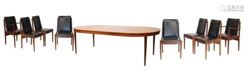 Modern Design - 1960's period teak dining suite comprising: extending table with two insertions,