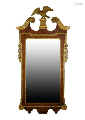 Georgian-style figured walnut and parcel gilt pier glass or wall mirror, with eagle cresting and