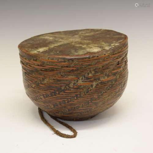 Ethnographica - Unusual wicker and animal skin drum, possibly Hill Tribes, Northern Thailand/