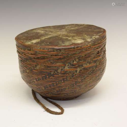 Ethnographica - Unusual wicker and animal skin drum, possibly Hill Tribes, Northern Thailand/