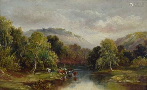 Henry Harris (1852-1926) - Oil on canvas - River scene with cattle watering, signed lower left, in a