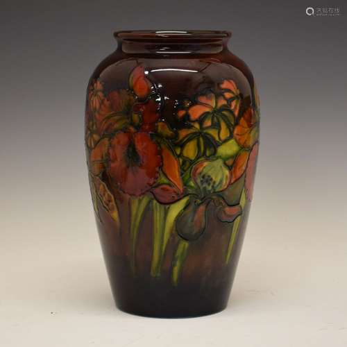 Moorcroft Pottery - large flambé-glazed Orchid pattern ovoid vase, with impressed and painted