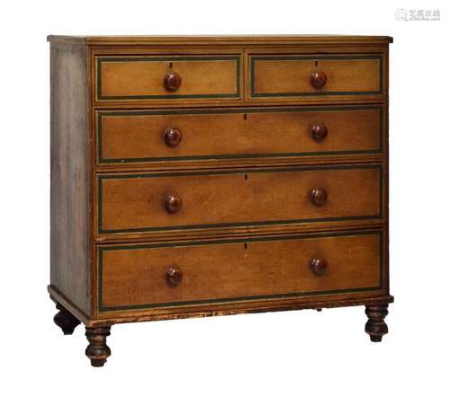 19th Century painted and grained pine chest of drawers, the moulded rectangular top with cobalt-blue