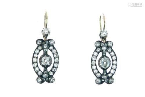 Pair of late 19th Century diamond drop earrings, the diamonds totalling approximately 1.7 carats,
