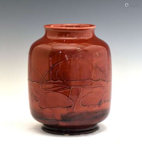 William Moorcroft flambe 'Claremont' pattern pottery vase, of barrel form with tube-lined