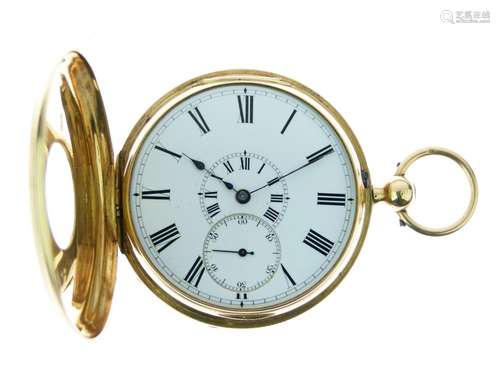 Victorian 18ct gold half hunter-cased pocket watch, white Roman dial with matching inner dial over