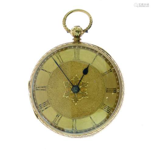 Victorian lady's 18ct gold open-faced fob watch, gilt Roman dial with matted centre, movement signed