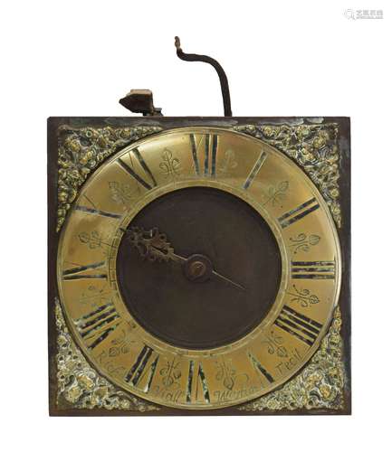 Early to mid 18th Century brass single-hand longcase clock dial and movement, Richard Viall, Weston,