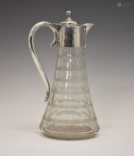 Late Victorian silver-mounted glass claret jug, with hinged domed silver cover, neck and handle over