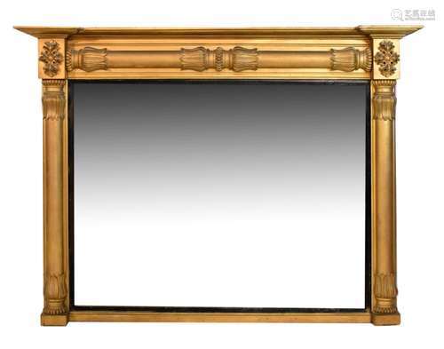 19th Century giltwood and gesso overmantel mirror, the inverted breakfront cornice over split pillar