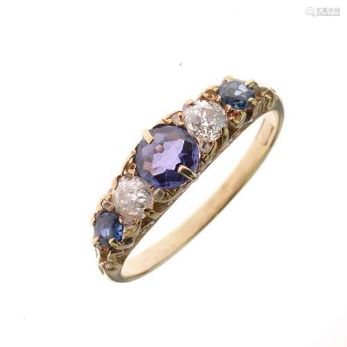 Sapphire and diamond ring, circa 1900, indistinct mark, the three sapphires with two old brilliant