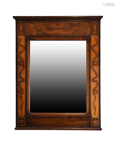 Unusual 19th Century marquetry pier mirror, probably Central European, the frieze inlaid with a