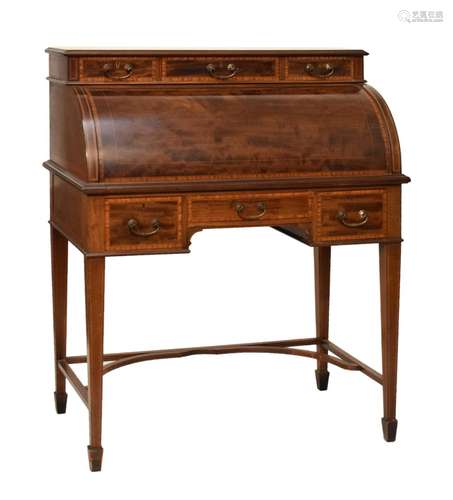 Maple & Co. - Early 20th Century inlaid mahogany cylinder bureau, the satinwood-crossbanded, ebony