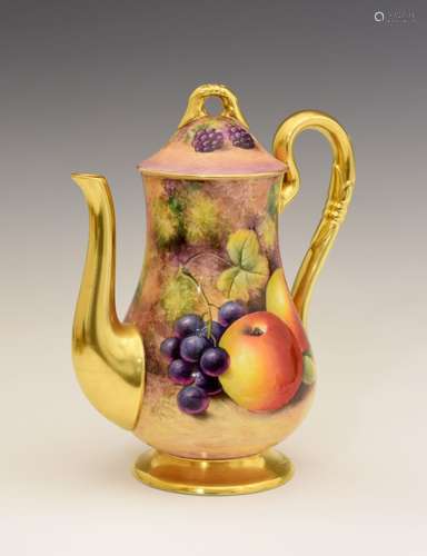 Royal Worcester porcelain coffee pot, of bulbous form, hand-painted with apples and red grapes to