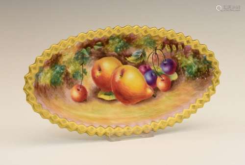 Royal Worcester porcelain oval dish, hand-painted with pears and cherries, signed C.Bowen, black