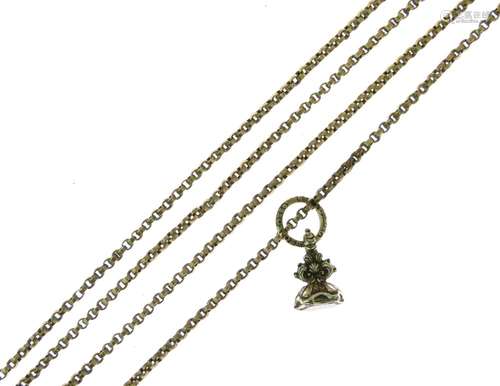 9ct gold long chain, of oval links, 135cm long, with a small seal fob attached, 32g gross Condition: