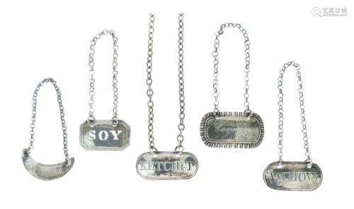 Five assorted silver and other labels, comprising a pair for Anchovy and Ketchup, 1793, sponsor
