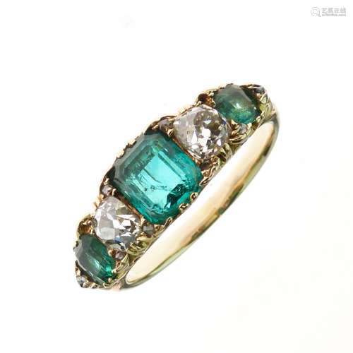 Five stone emerald and diamond ring, the graduated emeralds with an old mine cut between, and rose