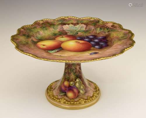 Royal Worcester porcelain pedestal dish, comport or tazza of wavy outline on octagonally-fluted