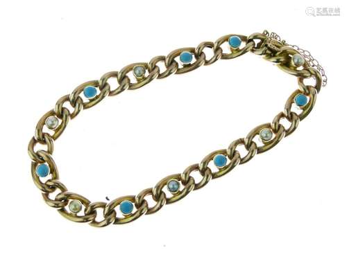 Edwardian turquoise and seed pearl bracelet, stamped '15', the hollow curb links alternate set