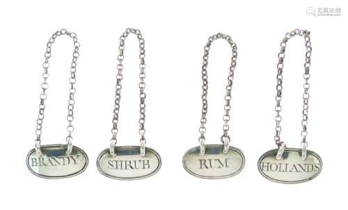 Set of four George III silver spirit labels, for Brandy, Rum, Shrub and Hollands, London 1799,