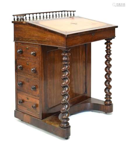 19th Century rosewood Davenport, with three-quarter balustrade over blind-tooled tan leather