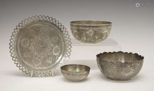 Persian (possibly Isfahan) white metal bowl, with engraved decoration and shaped rim bearing Iranian