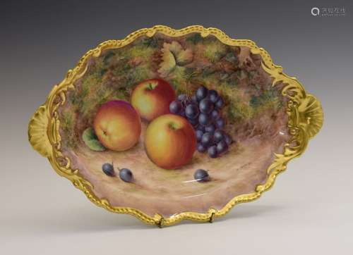 Royal Worcester porcelain two-handled oval dish, of wavy outline, hand-painted with apples and red