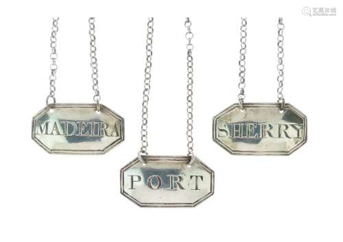 Set of three George III silver spirit labels, for Port, Sherry and Madeira, London, 1806 and 1807,