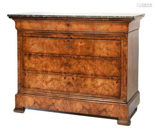 19th Century Continental Biedermeier walnut chest of drawers, the fossil marble top over shaped