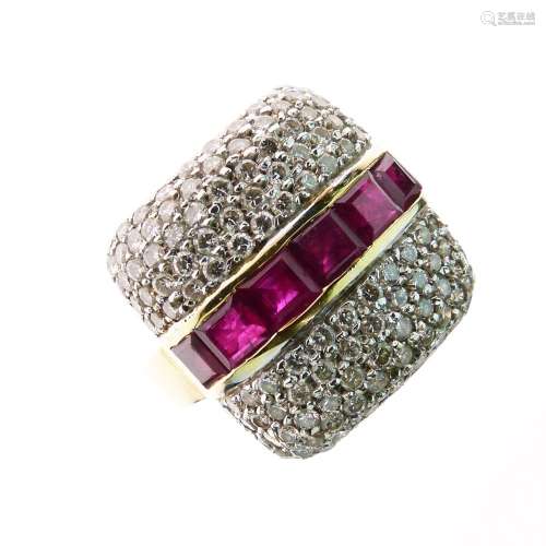Ruby and diamond ring, with a central line of calibré cut rubies between pavé set diamond shoulders,