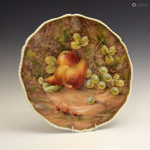 Royal Worcester porcelain plate, decorated with pears, gooseberries and red berries on a mossy bank,