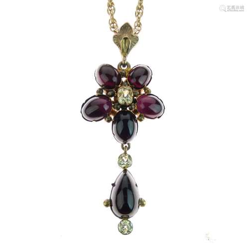 Victorian garnet and chrysolite drop pendant, 5.5cm long including the bale, on a later chain, in