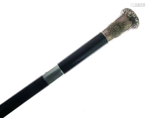 Early 20th Century ebonised sword stick, the silver-plated terminal with insignia of the Suffolk