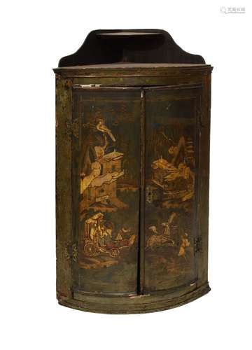 18th Century green-lacquered bowfront hanging corner cabinet, the shaped superstructure with shelf