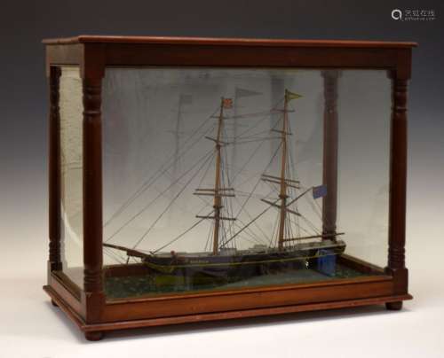 Two masted Schooner 'Mispah' wooden model diorama, black and yellow livery, flying both Union flag