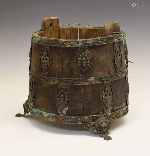 Interesting Continental coopered wooden pail or bucket, probably 19th Century, externally-